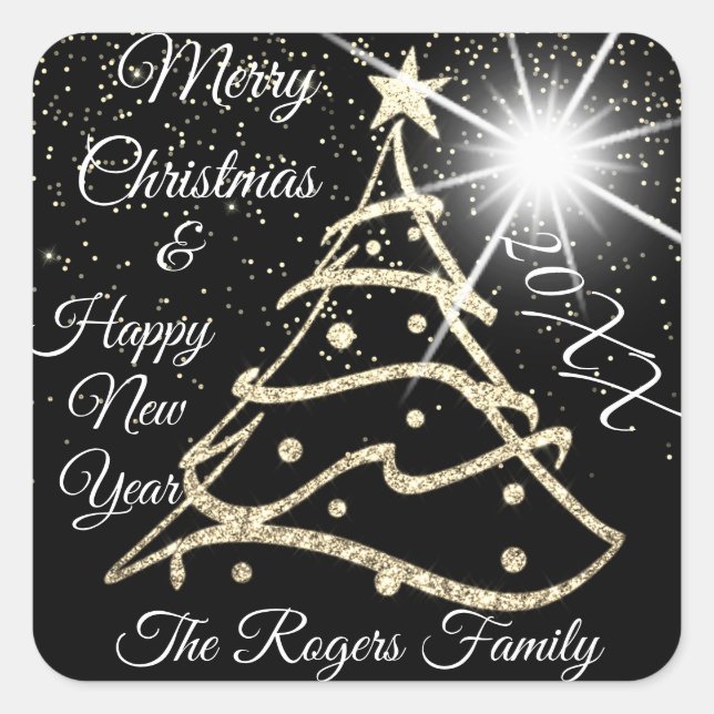 Merry Christmas & Happy New Year Golden Tree Square Sticker (Front)