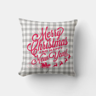 Merry Christmas Happy New Year Grey Check Pattern Cushion