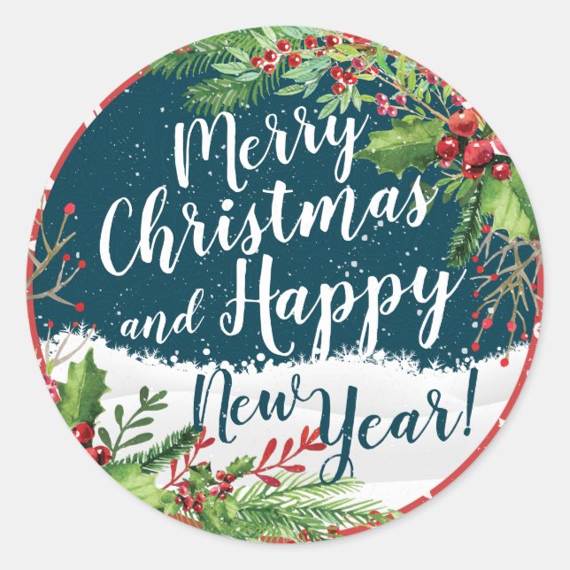 Merry Christmas & Happy New Year Holiday Greetings Classic Round Sticker (Front)