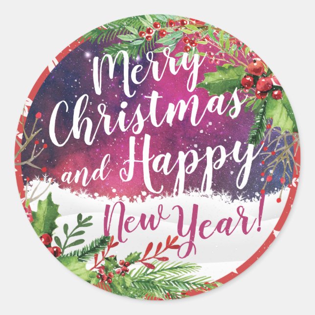 Merry Christmas & Happy New Year Holiday Greetings Classic Round Sticker (Front)