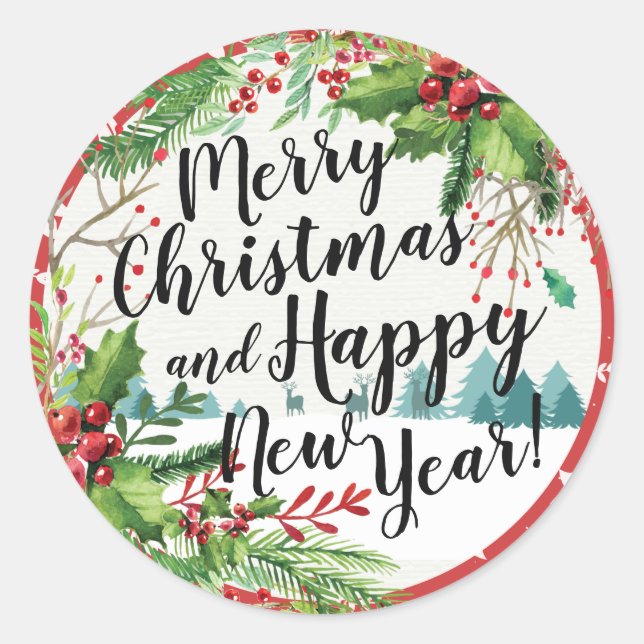 Merry Christmas & Happy New Year Holiday Greetings Classic Round Sticker (Front)