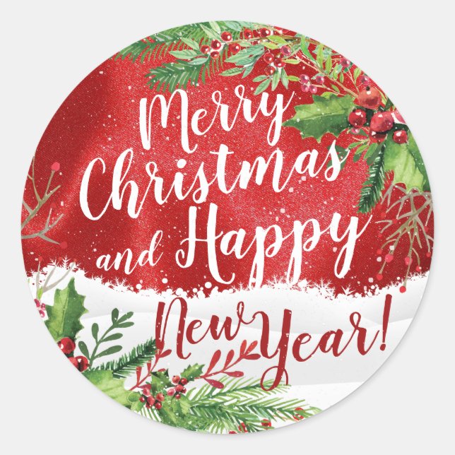 Merry Christmas & Happy New Year Holiday Greetings Classic Round Sticker (Front)