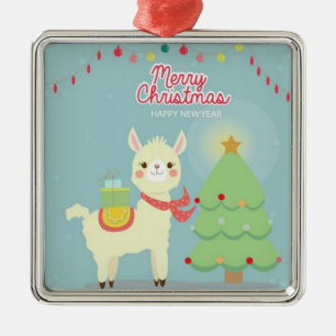 Merry Christmas Happy New Year Llama Metal Ornament