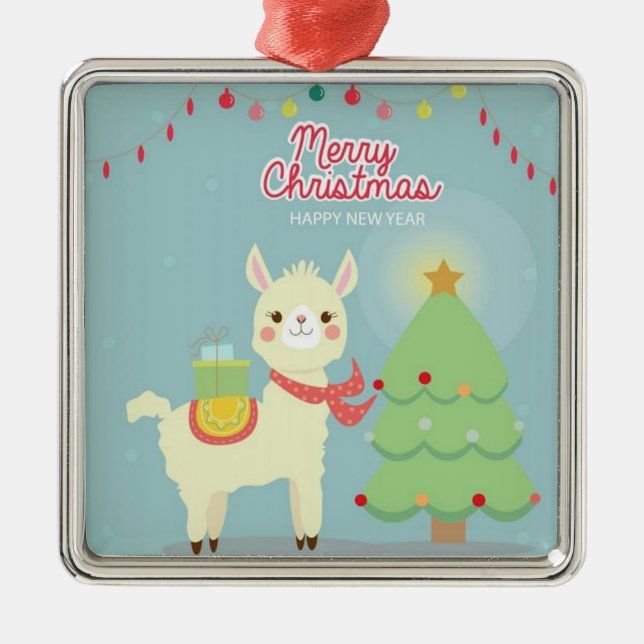 Merry Christmas Happy New Year Llama Metal Ornament (Front)