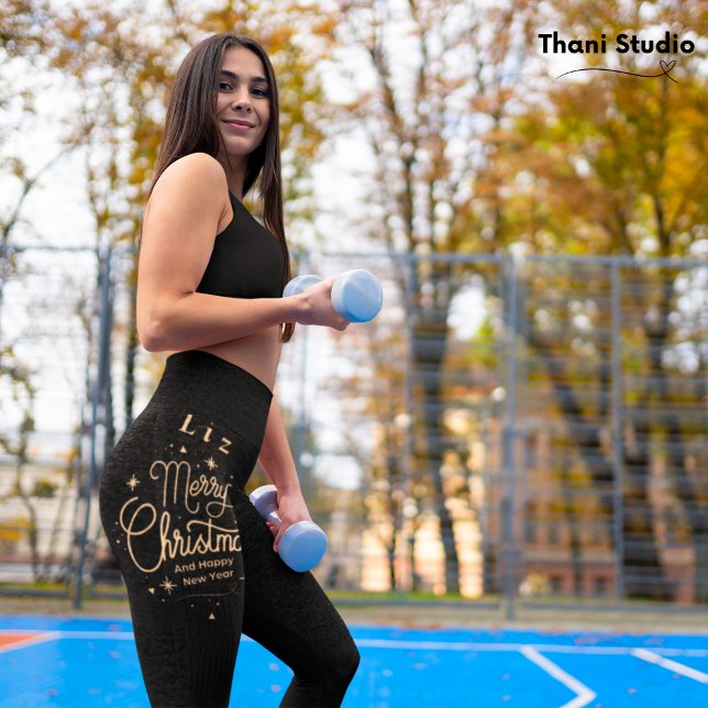 Merry Christmas Happy New Year Modern Black & Gold Leggings (Creator Uploaded)