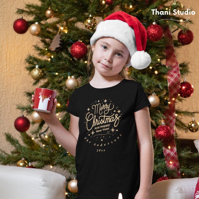 Merry Christmas Happy New Year Modern Black & Gold T-Shirt (Creator Uploaded)
