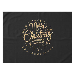 Merry Christmas Happy New Year Modern Black & Gold Tablecloth
