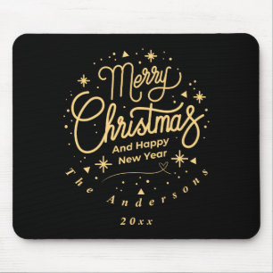 Merry Christmas Happy New Year Modern Green Gold Mouse Pad