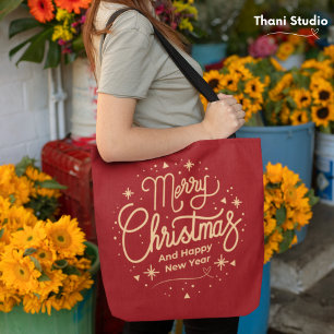Merry Christmas Happy New Year Modern Red & Gold Tote Bag