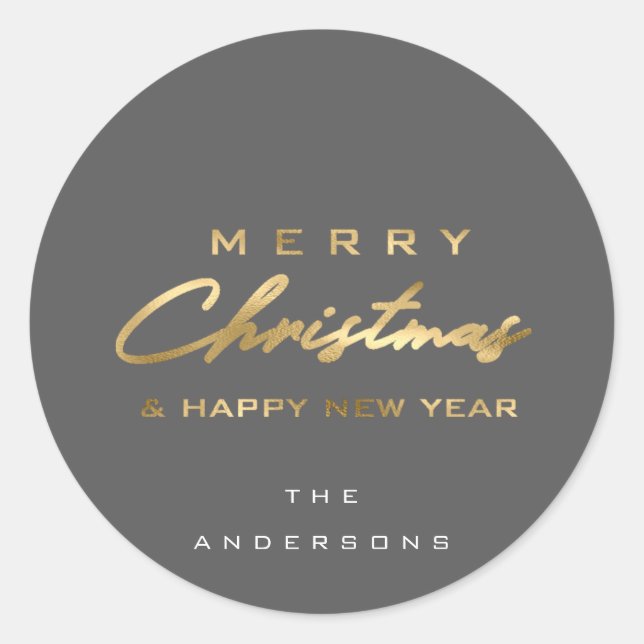 Merry Christmas & Happy New Year Name Grey Gold Classic Round Sticker (Front)