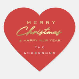 Merry Christmas Happy New Year Name Heart Red Gold Sticker