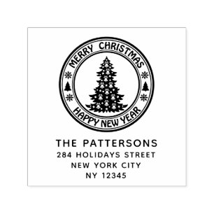Merry Christmas Happy New Year Name Return Address Self-inking Stamp