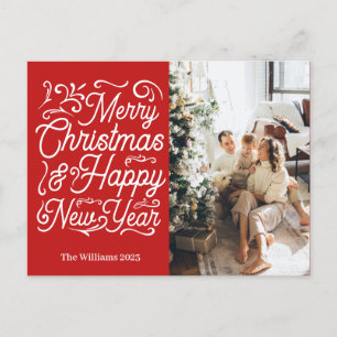 Merry Christmas & Happy New Year One Photo Red Postcard