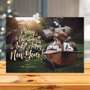 Merry Christmas Happy New Year Photo Gold Foil Holiday Card