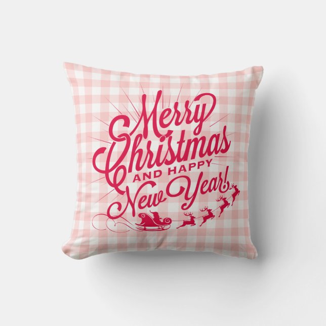 Merry Christmas Happy New Year Pink Check Cushion (Front)