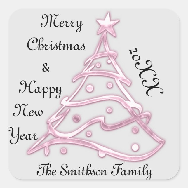 Merry Christmas & Happy New Year Pink Gray Modern Square Sticker (Front)