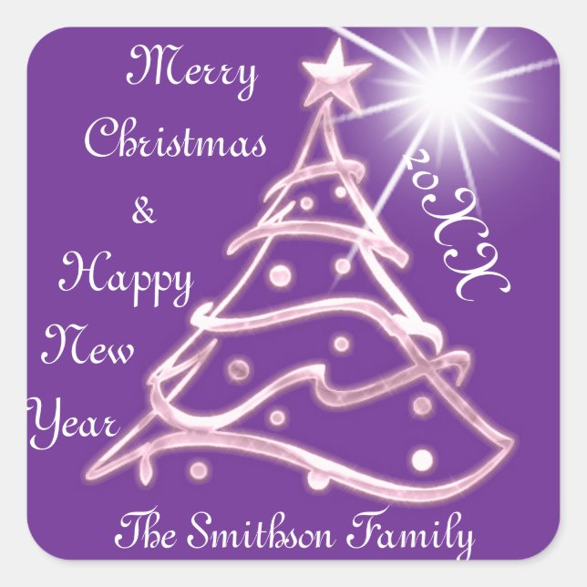 Merry Christmas & Happy New Year Pink Purple Stars Square Sticker (Front)