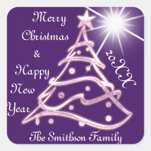 Merry Christmas & Happy New Year Pink Violet Stars Square Sticker