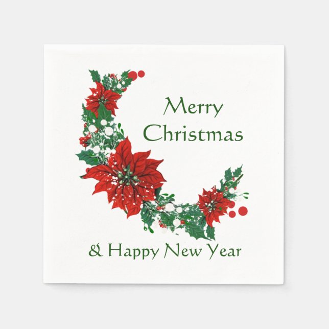 Merry Christmas Happy New Year Pointsettia Napkin (Front)