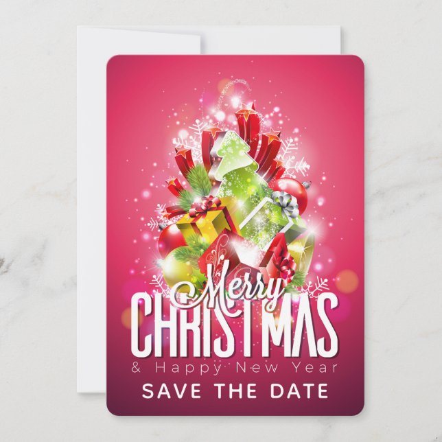 Merry Christmas Happy New Year Presents & Tree Save The Date (Front)