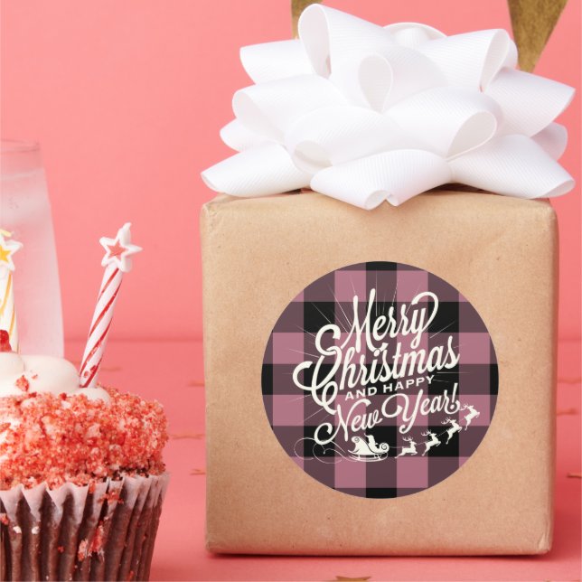 Merry Christmas Happy New Year Purple Check Classic Round Sticker (Party)