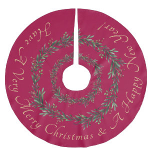 Merry Christmas, Happy New Year, Red, Green Brushed Polyester Tree Skirt