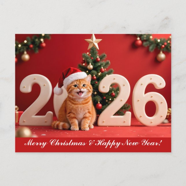 Merry Christmas & Happy New Year, Red Santa Cat Postcard (Front)