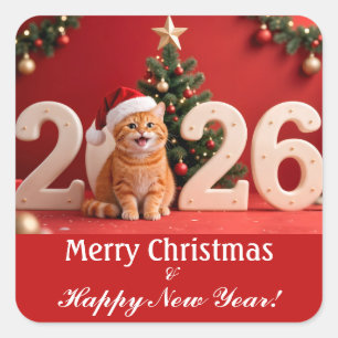 Merry Christmas & Happy New Year, Red Santa Cat Square Sticker