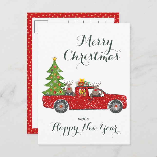 Merry Christmas, Happy New Year Red Truck and Tree Holiday Postcard (Front/Back)