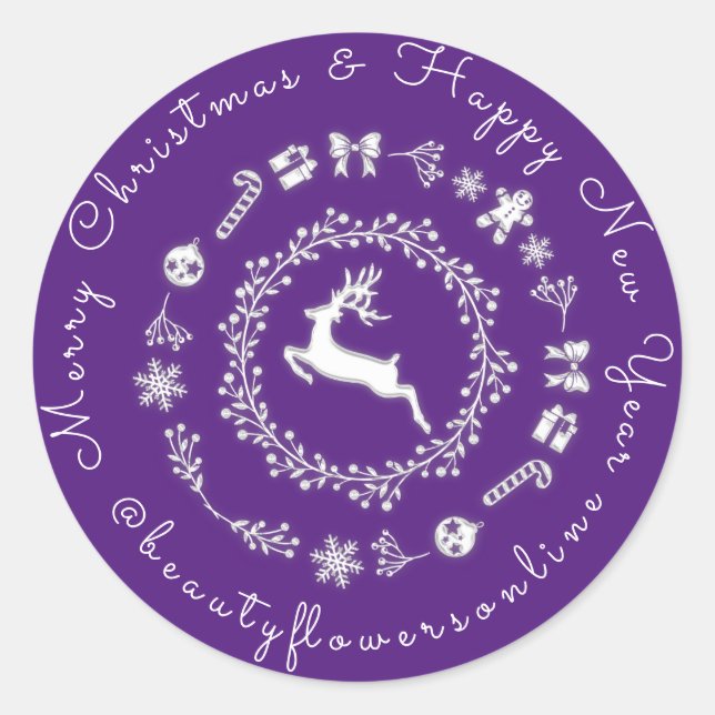 Merry Christmas Happy New Year Reindeer Purple Classic Round Sticker (Front)