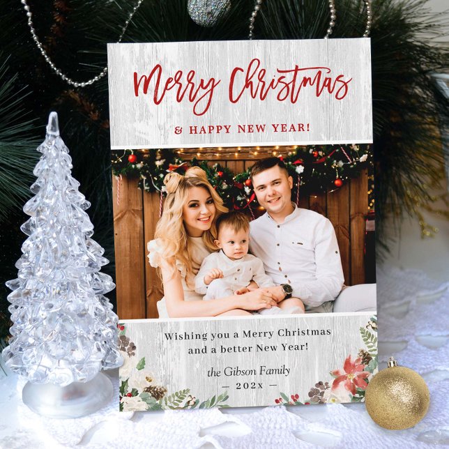 Merry Christmas Happy New Year Rustic White Wood Holiday Card (Creator Uploaded)