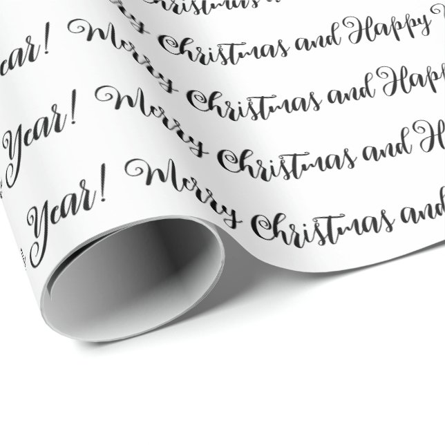 Merry Christmas Happy New Year script black white Wrapping Paper (Roll Corner)