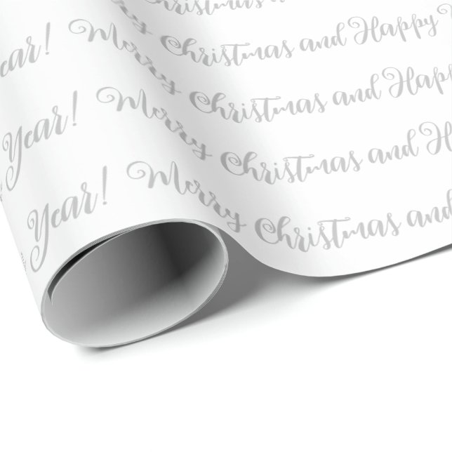 Merry Christmas Happy New Year script white grey Wrapping Paper (Roll Corner)