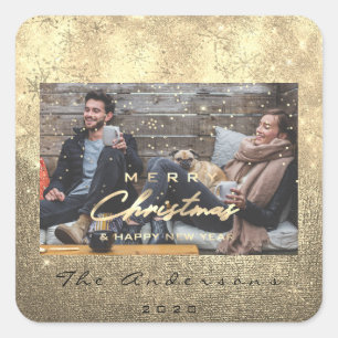 Merry Christmas Happy New Year Sepia Gold Photo Square Sticker