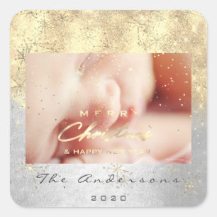 Merry Christmas Happy New Year Silver Gold Photo Square Sticker