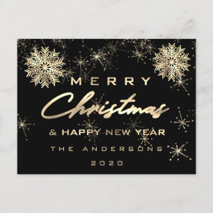 Merry Christmas Happy New Year Snow Gold Black Postcard