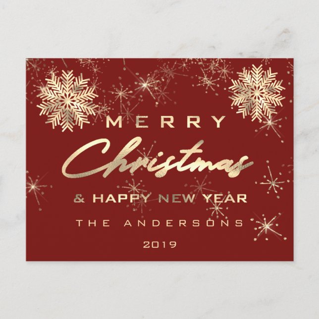 Merry Christmas Happy New Year Snow Gold Burgundy Postcard (Front)
