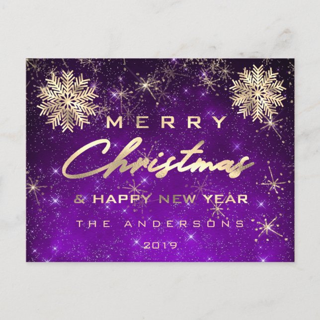 Merry Christmas Happy New Year Snow Gold Sky Purpl Postcard (Front)