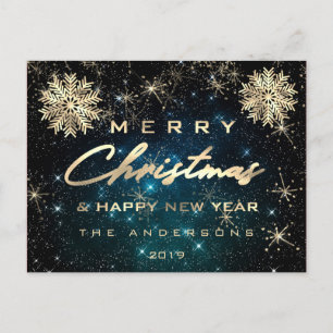 Merry Christmas Happy New Year Snow Gold Sky Teal Postcard
