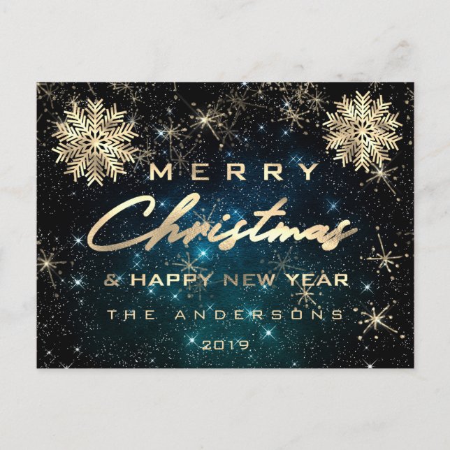 Merry Christmas Happy New Year Snow Gold Sky Teal Postcard (Front)