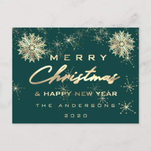Merry Christmas Happy New Year Snow Gold Teal Postcard