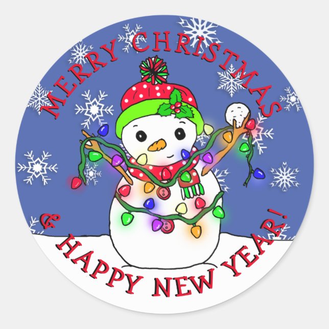 Merry Christmas Happy New Year Snowman Classic Round Sticker (Front)
