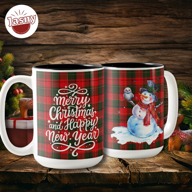 Merry Christmas Happy New Year Snowman Flannel Two-Tone Coffee Mug (Creator Uploaded)