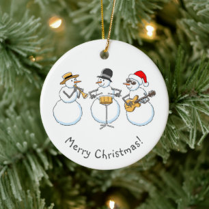 Merry Christmas Happy New Year Snowman Jazzband Ceramic Ornament