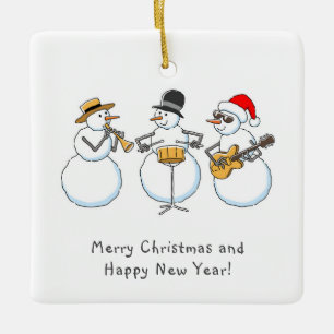 Merry Christmas Happy New Year Snowman Jazzband Ceramic Ornament