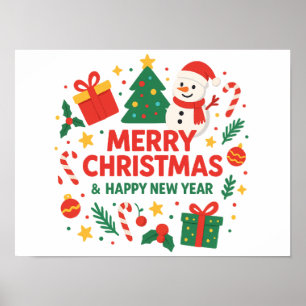 Merry Christmas & Happy New Year Snowman & tree Poster