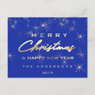 Merry Christmas & Happy New Year Spark Gold Blue Postcard