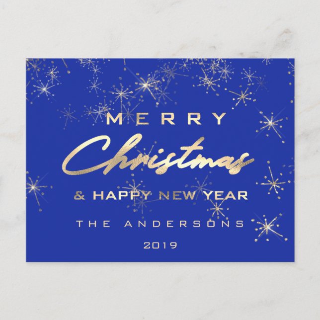 Merry Christmas & Happy New Year Spark Gold Blue Postcard (Front)