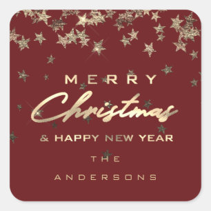 Merry Christmas Happy New Year Stars Maroon Square Sticker