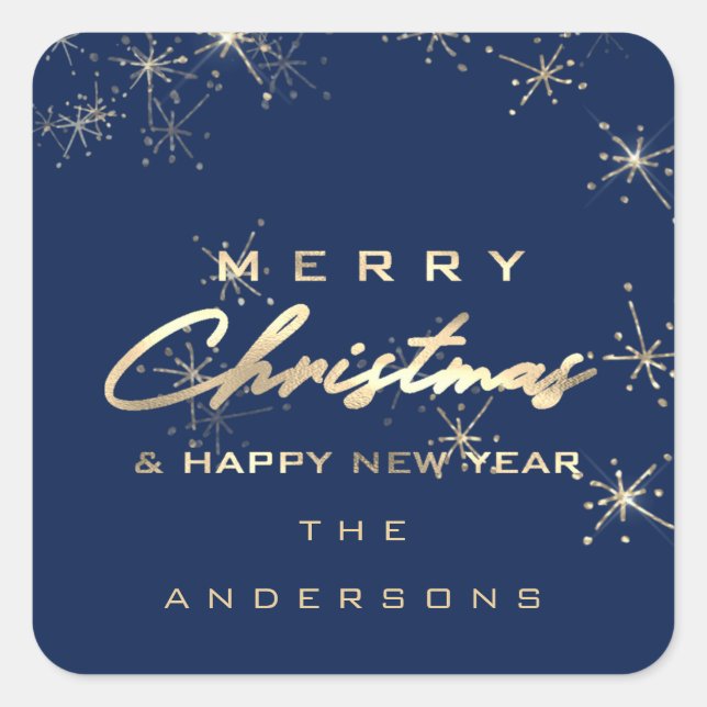 Merry Christmas Happy New Year Stars Navy Spark Square Sticker (Front)